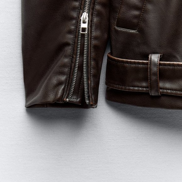NWT ZARA WASHED FAUX LEATHER OVERSIZED BIKER JACKET DARK BROWN - Picture 8 of 11